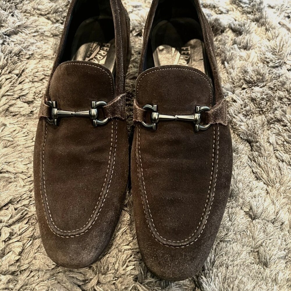 Salvatore Ferragamo Brown Suede Classic Silver Horsebit Loafers Size 9D